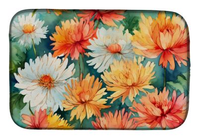 Chrysanthemums in Watercolor Dish Drying Mat Absorbent Dish Drying Mat Pad for Kitchen Counter Dish Drainer Mat for Countertop, 14 x 21", Multico