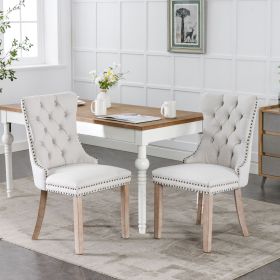 Modern High-end Tufted Solid Wood Contemporary Flax Upholstered Dining Chair with Wood Legs Nailhead Trim 2-Pcs Set (Color: Beige, Material: Linen)